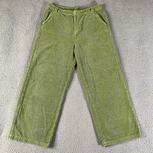 Wrap London Corduroy Pants Women 12 (34x28) Green Linen Blend Trousers Wide High